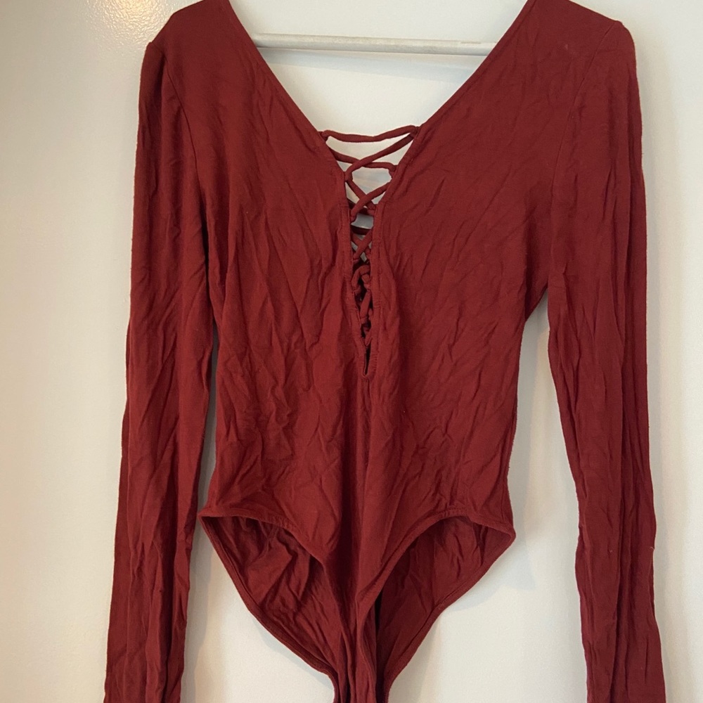 Long-Sleeve Deep-V Burgundy Bodysuit